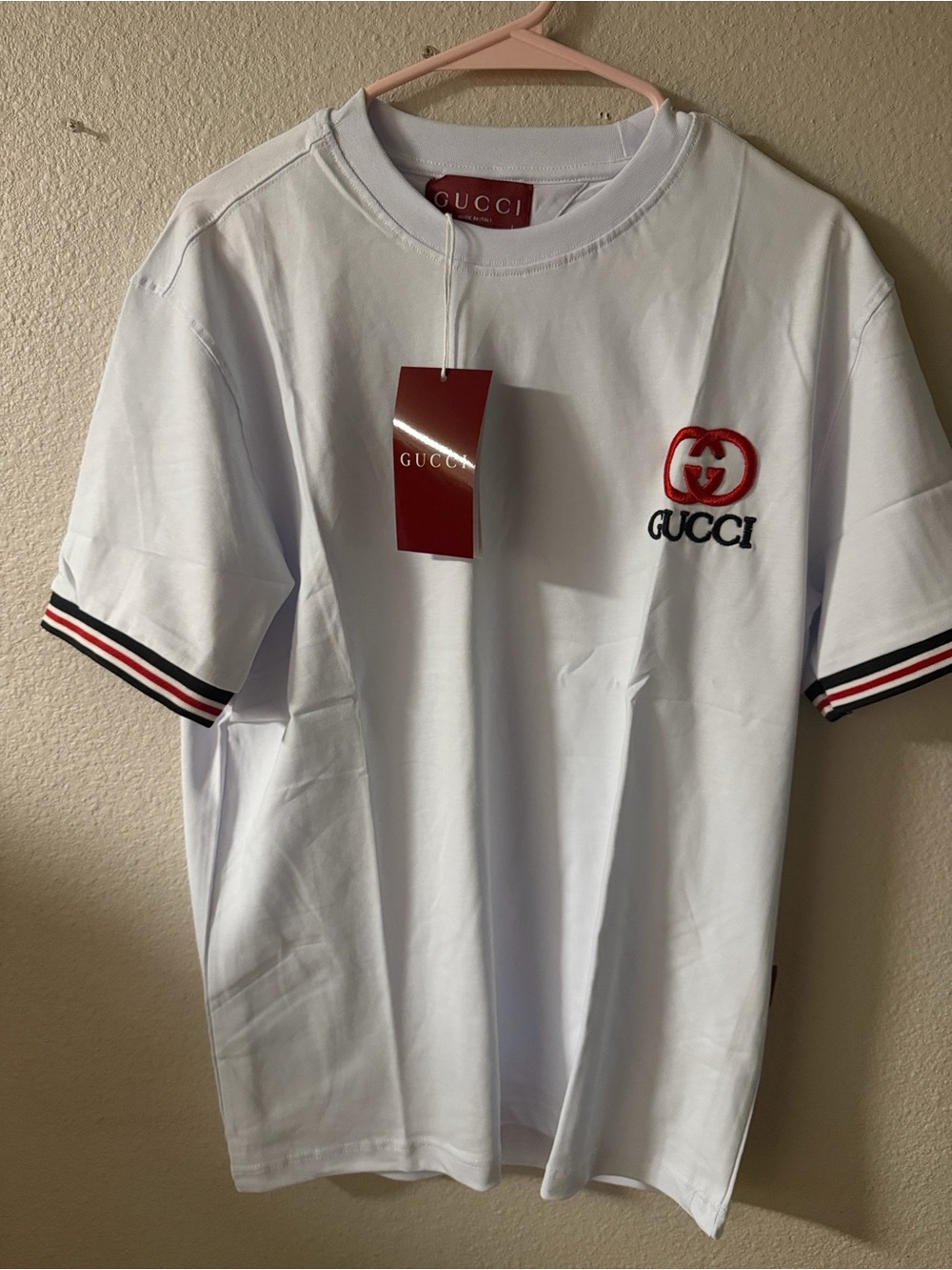 Gucci White Crewneck Tee with Red Logo and Striped Sleeve Trim